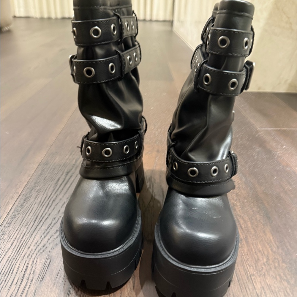 Dolls Kill Black Combat Boots with Buckle Straps - Picture 6 of 8